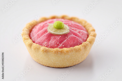 A photorealistic mini tuna tart with golden pastry