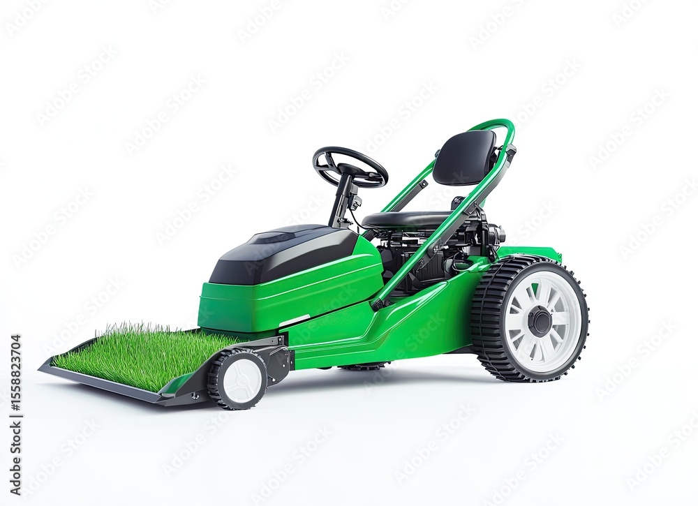 Fototapeta premium Green riding lawn mower with grass clippings.