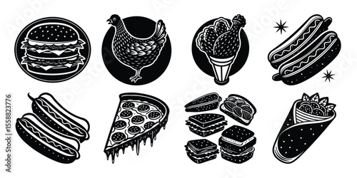 Delicious Fast Food Icons Burgers, Pizza, Hot Dogs, and More
