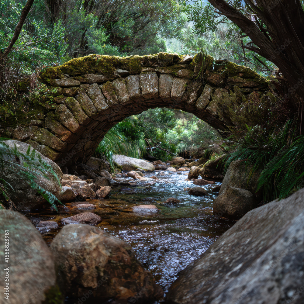 Picturesque Scene of a Traditional Stone Bridge in a Mountain Forest Picturesque Scene of a Traditional Stone Bridge in a Mountain Forest