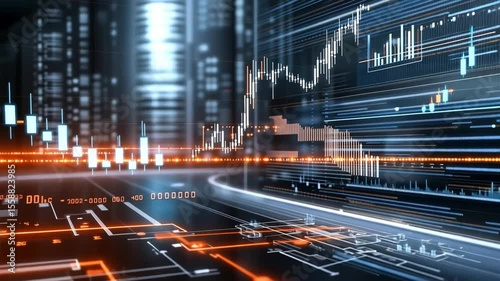 Financial data streams and stock market graphs, emphasizing the dynamic nature of finance and technological advancements