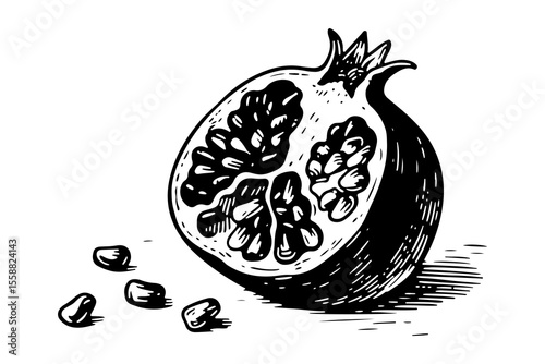 Pomegranate fruit vector engraving style illustration