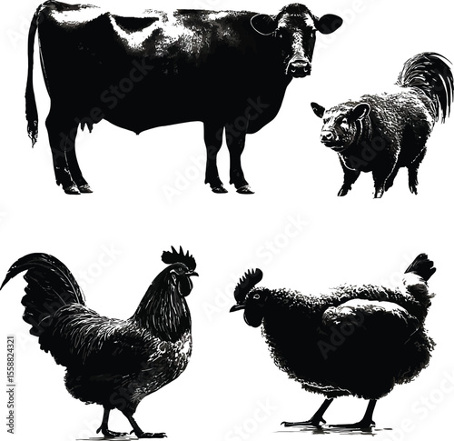 Farmyard Quartet Minimalist Black Animal Silhouettes of Cow, Pig, Rooster, and Hen