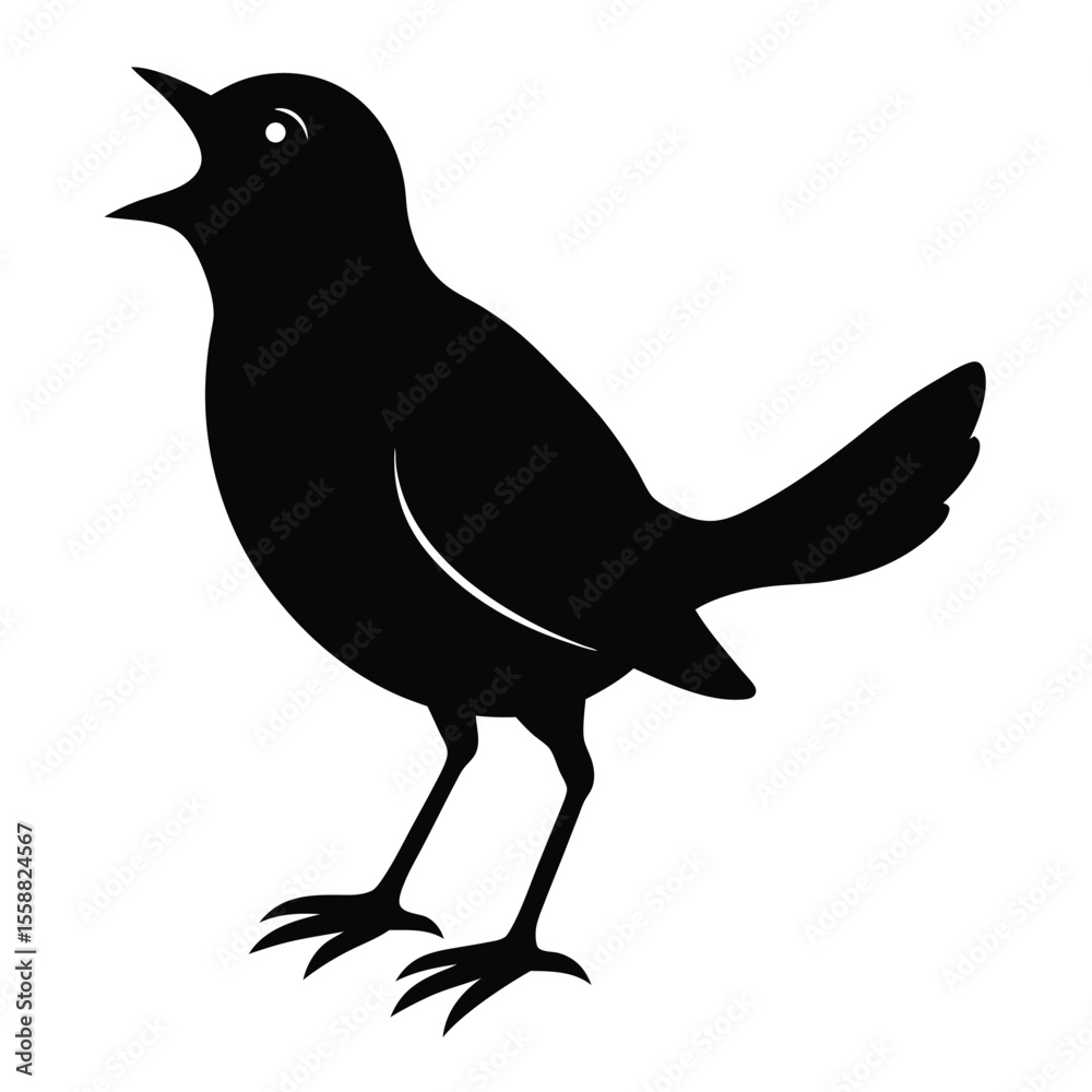 Fototapeta premium Black silhouette of a bird with its beak open singing a song