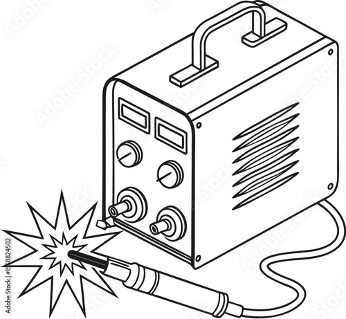 Vector art of a welding machine with sparks flying, isolated on white background