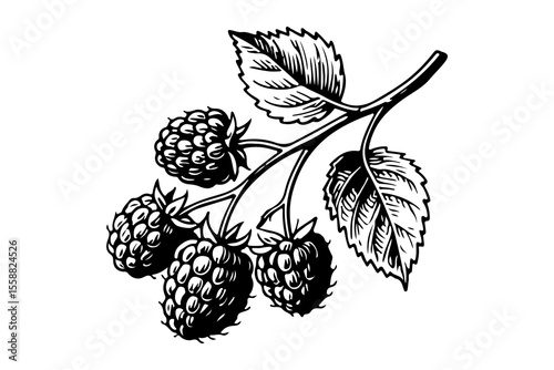 Raspberries vector engraving style illustration
