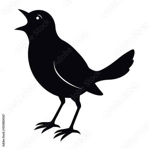 Black silhouette of a bird with its beak open singing a song