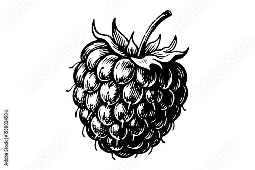 Raspberries vector engraving style illustration