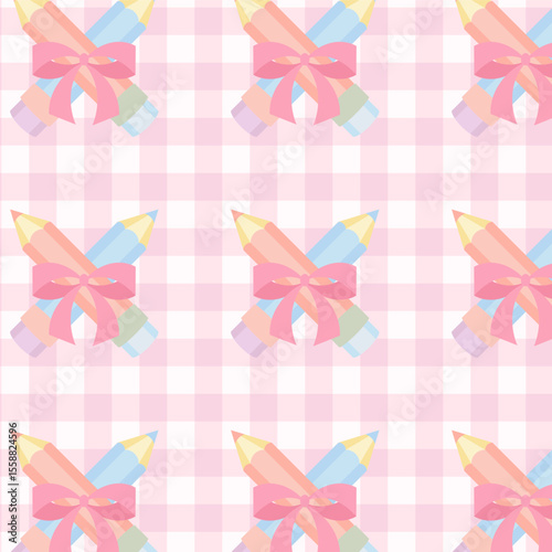 Pink gingham seamless pattern with pastel pencils tied bows for cute back to school digital paper and stationery
