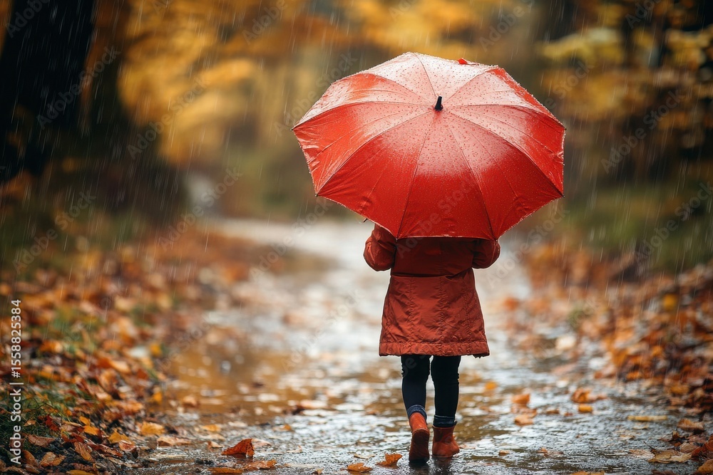 Obraz premium Joyful Children Playing Under a Red Umbrella on a Rainy Autumn Day