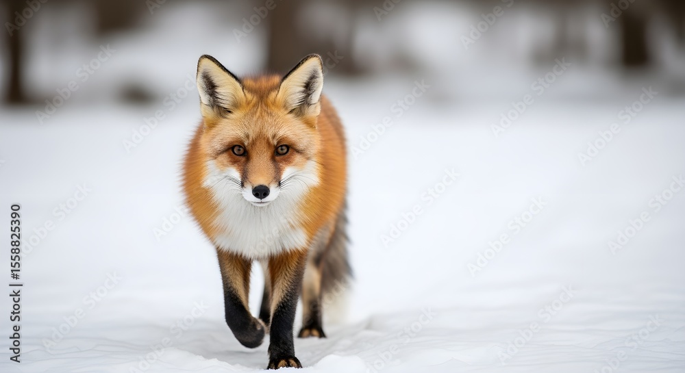 Fototapeta premium A red fox walks through a snowy landscape, looking directly at the viewer.