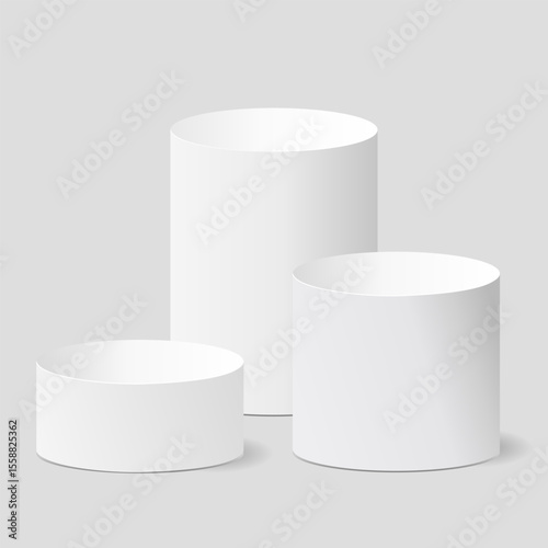 3d white product display, three cylinder pedestal podium like show on stage, round geometric shape for empty studio mockup, vector illustration design for presentation on platform, cosmetic, EPS10