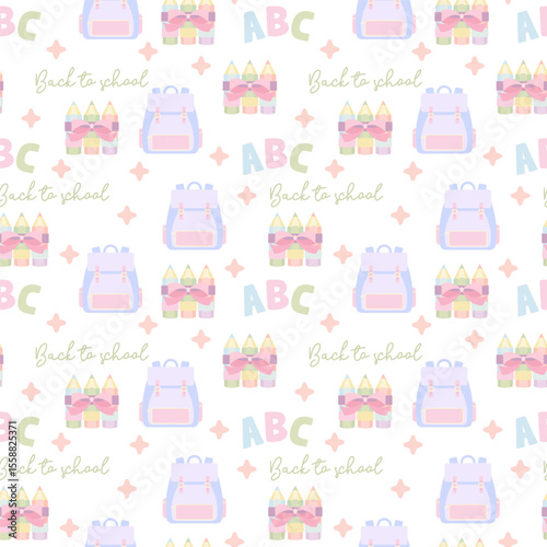Coquette pastel back to school seamless pattern with backpacks crayons and abc text for kids supplies and stationery