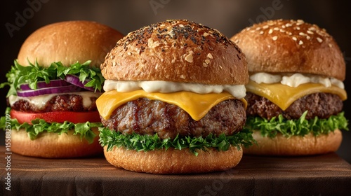 Delicious Juicy Hamburgers with Melted Cheese and Crisp Fresh Lettuce on Wooden Platter Ready to Enjoy