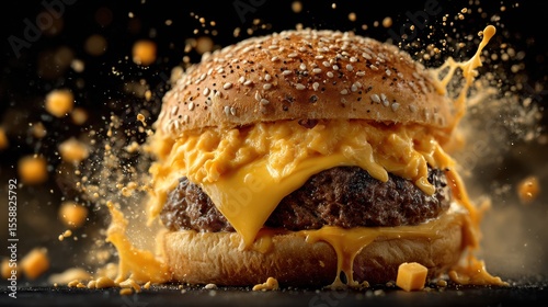 Delicious Juicy Cheese Burger with Fresh Ingredients and Perfectly Toasted Bun on a Wooden Table Setting
