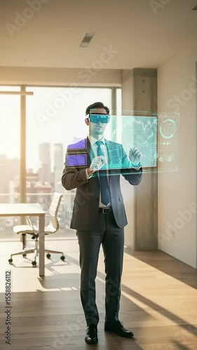 Businessman using VR Headset Interacting with Digital Interface in Bright Modern Office