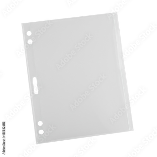 Empty, transparent plastic sheet protector, A4/letter-sized, with top opening and three punched holes, clear polyethylene, isolated on transparent in a hyper-realistic top-down studio shot, pristine