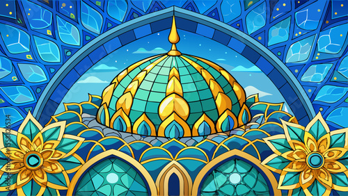 Tile mosaics in vivid blue, turquoise, and gold form symmetrical floral patterns. The close-up of the golden dome above glows softly under pale morning sky.

