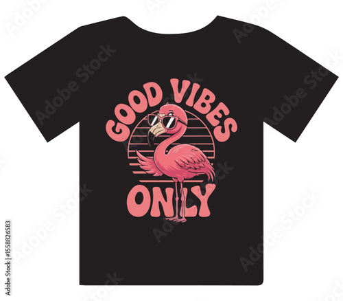 Pink Flamingo with Sunglasses 'Good Vibes Only' T-Shirt Design" or "Cool Flamingo and Retro Sunset Graphic Tee