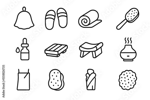 Spa and relaxation icons set: sandals, towel, oil, sponge, diffuser