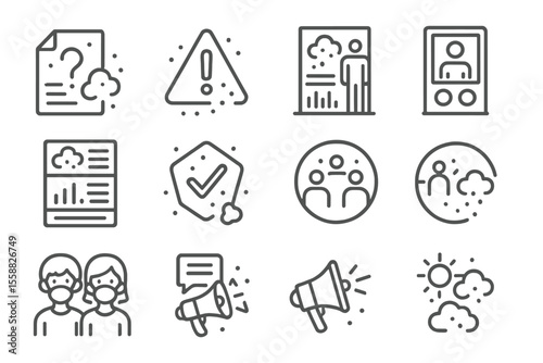 Air pollution safety and communication icon set on dark background