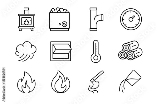 Set of black heating and temperature control line icons on dark background