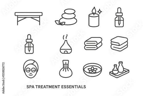 Spa treatment essentials icon set on dark background