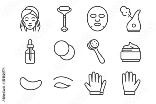 Skincare icons set: tools, masks, creams, and spa accessories