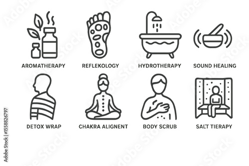 Spa treatments outline - aromatherapy, reflexology, hydrotherapy, sound healing