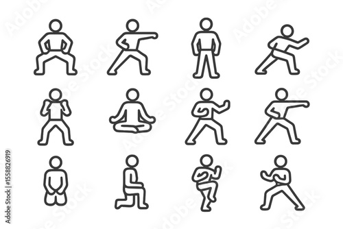 Silhouettes of stick figures performing various exercise and yoga poses