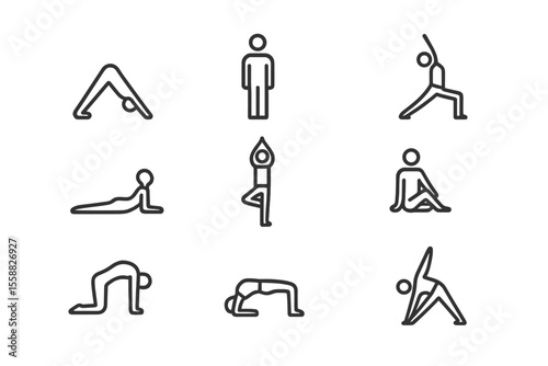 Nine yoga poses icons on dark background