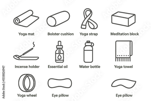 Yoga accessories icons: mat, cushion, strap, block, and essentials
