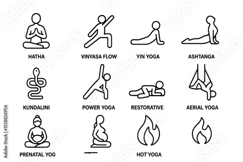 Illustrated icons of various yoga styles and poses on black background