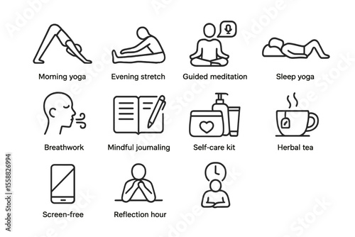 Wellness activities: yoga, meditation, breathwork, journaling, self-care, tea, reflection