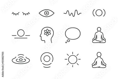 Mystical symbols and meditation poses on blurred background