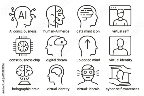 Ai concepts icons: consciousness, mind, virtual identity, holographic brain