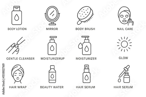 Skincare icons: lotion, mirror, brush, cleanser, moisturizer, hair serum