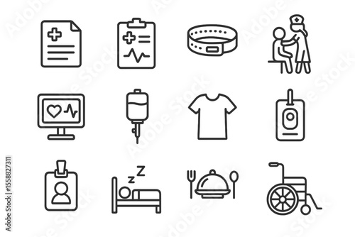Medical and health icons featuring nurse, monitor, and wheelchair symbols