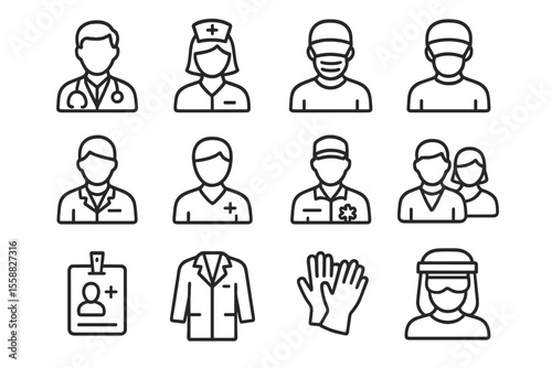 Medical professionals icon set: doctors, nurses, health equipment symbols