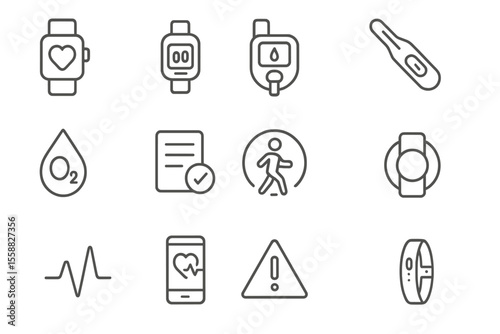 Health and fitness icons: heart rate, steps, glucose, oxygen, temperature