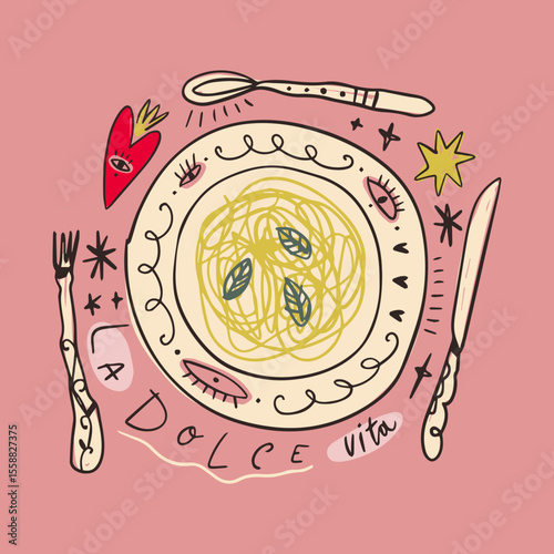 Mediterranean romantic food aesthetic cute hand drawn pasta spaghetti lettering print Italian elements, summer vacation positive vibe mood. La dolce vita doodle text inscription, perfect for cafe and