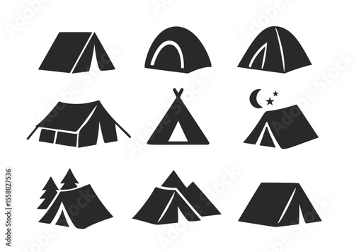 Tent camp vector silhouette black icon. Isolated tent outdoor military holiday camping vacation icon
