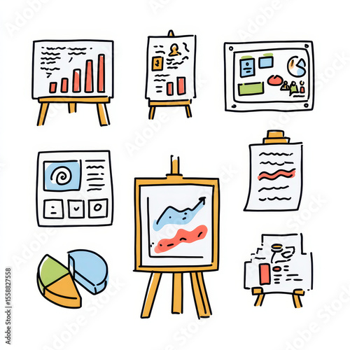 Creative Whiteboard Presentation with Hand-Sketched Business Icons and Charts
