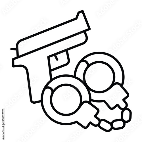 Pistol gun and handcuffs thin line icon, family lawyer concept. Vector graphics. Handcuffs with pistol, crime responsibility sign on white background, style mobile or design.