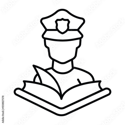 Police officer with laws book thin line icon, family lawyer concept. Vector graphics. Policeman with human rights textbook sign on white background, style mobile or design.