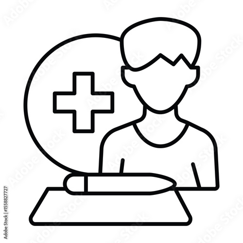 Man and document with pen thin line icon, family lawyer concept. Vector graphics. Medical insurance policy, human rights sign on white background, style mobile or design.