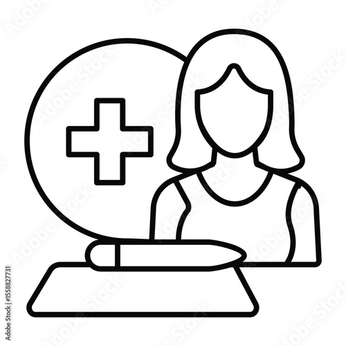 Woman and document with pen thin line icon, family lawyer concept. Vector graphics. Medical insurance policy, human rights sign on white background, style mobile or design.