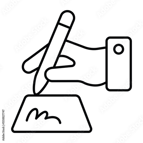 Hand with pen and contract signature thin line icon, human rights concept. Vector graphics. Signed document paper, justice sign on white background, style mobile or design.