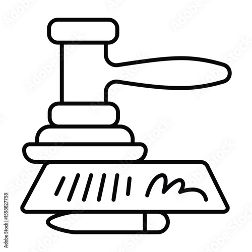 Document with pen and wooden gavel thin line icon, family lawyer concept. Vector graphics. Signed contract and judge hammer sign on white background, style mobile or design.