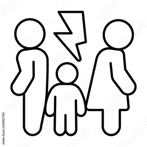 Couple problem with lightning thin line icon, family lawyer concept. Vector graphics. Man with woman and child trust problem sign on white background, style mobile or design.